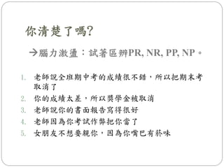 你清楚了嗎?
腦力激盪：試著區辨PR, NR, PP, NP。
1. 老師說全班期中考的成績很不錯，所以把期末考
取消了
2. 你的成績太差，所以獎學金被取消
3. 老師說你的書面報告寫得很好
4. 老師因為你考試作弊把你當了
5. 女朋友不想要親你，因為你嘴巴有菸味
 