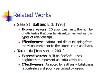 Related Works
 SeeSoft [Ball and Eick 1996]
 Expressiveness: 2D pixel bars limits the number
of attributes that can be visualized as well as the
types of relationships.
 Effectiveness: natural and direct mapping from
the visual metaphor to the source code and back.
 Tarantula [Jones et al 2001]
 Expressiveness: built on SeeSoft – uses
brightness to represent an extra attribute.
 Effectiveness: As noted by authors – brightness
is confusing and poorly perceived by users.
 