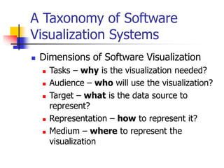 A Taxonomy of Software
Visualization Systems
 Dimensions of Software Visualization
 Tasks – why is the visualization needed?
 Audience – who will use the visualization?
 Target – what is the data source to
represent?
 Representation – how to represent it?
 Medium – where to represent the
visualization
 