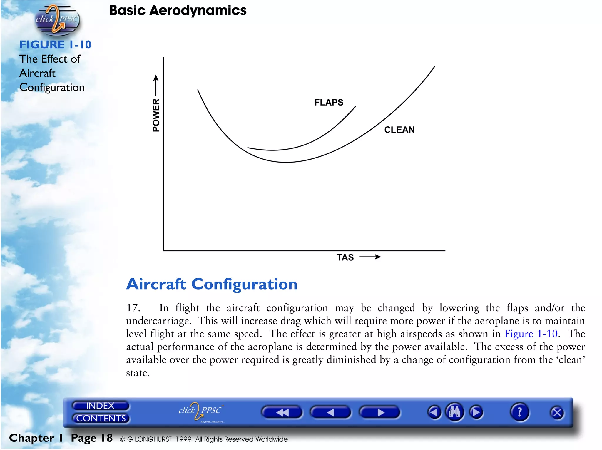 Basic Aerodynamics
Chapter 1 Page 18 © G LONGHURST 1999 All Rights Reserved Worldwide
FIGURE 1-10
The Effect of
Aircraft
Configuration
Aircraft Configuration
17. In flight the aircraft configuration may be changed by lowering the flaps and/or the
undercarriage. This will increase drag which will require more power if the aeroplane is to maintain
level flight at the same speed. The effect is greater at high airspeeds as shown in Figure 1-10. The
actual performance of the aeroplane is determined by the power available. The excess of the power
available over the power required is greatly diminished by a change of configuration from the ‘clean’
state.
 