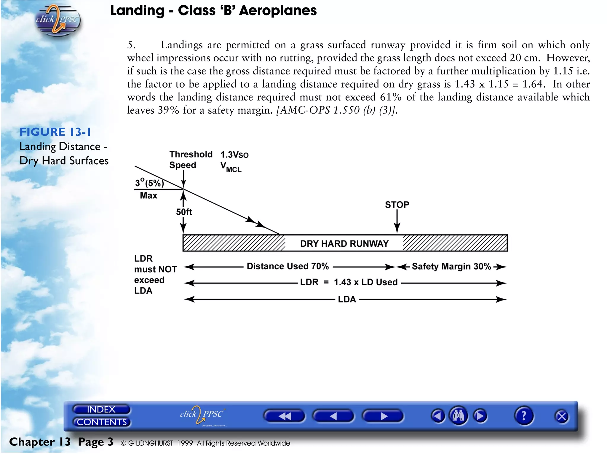 Landing - Class ‘B’ Aeroplanes
Chapter 13 Page 3 © G LONGHURST 1999 All Rights Reserved Worldwide
5. Landings are permitted on a grass surfaced runway provided it is firm soil on which only
wheel impressions occur with no rutting, provided the grass length does not exceed 20 cm. However,
if such is the case the gross distance required must be factored by a further multiplication by 1.15 i.e.
the factor to be applied to a landing distance required on dry grass is 1.43 x 1.15 = 1.64. In other
words the landing distance required must not exceed 61% of the landing distance available which
leaves 39% for a safety margin. [AMC-OPS 1.550 (b) (3)].
FIGURE 13-1
Landing Distance -
Dry Hard Surfaces
 
