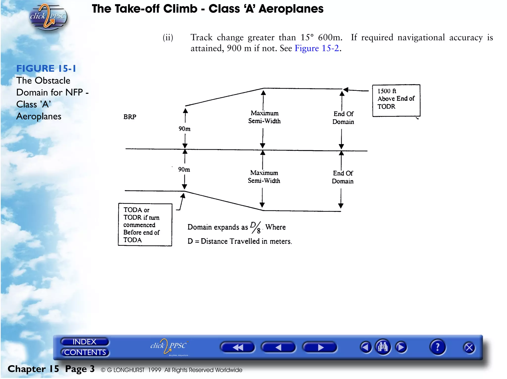 The Take-off Climb - Class ‘A’ Aeroplanes
Chapter 15 Page 3 © G LONGHURST 1999 All Rights Reserved Worldwide
(ii) Track change greater than 15° 600m. If required navigational accuracy is
attained, 900 m if not. See Figure 15-2.
FIGURE 15-1
The Obstacle
Domain for NFP -
Class ’A’
Aeroplanes
 