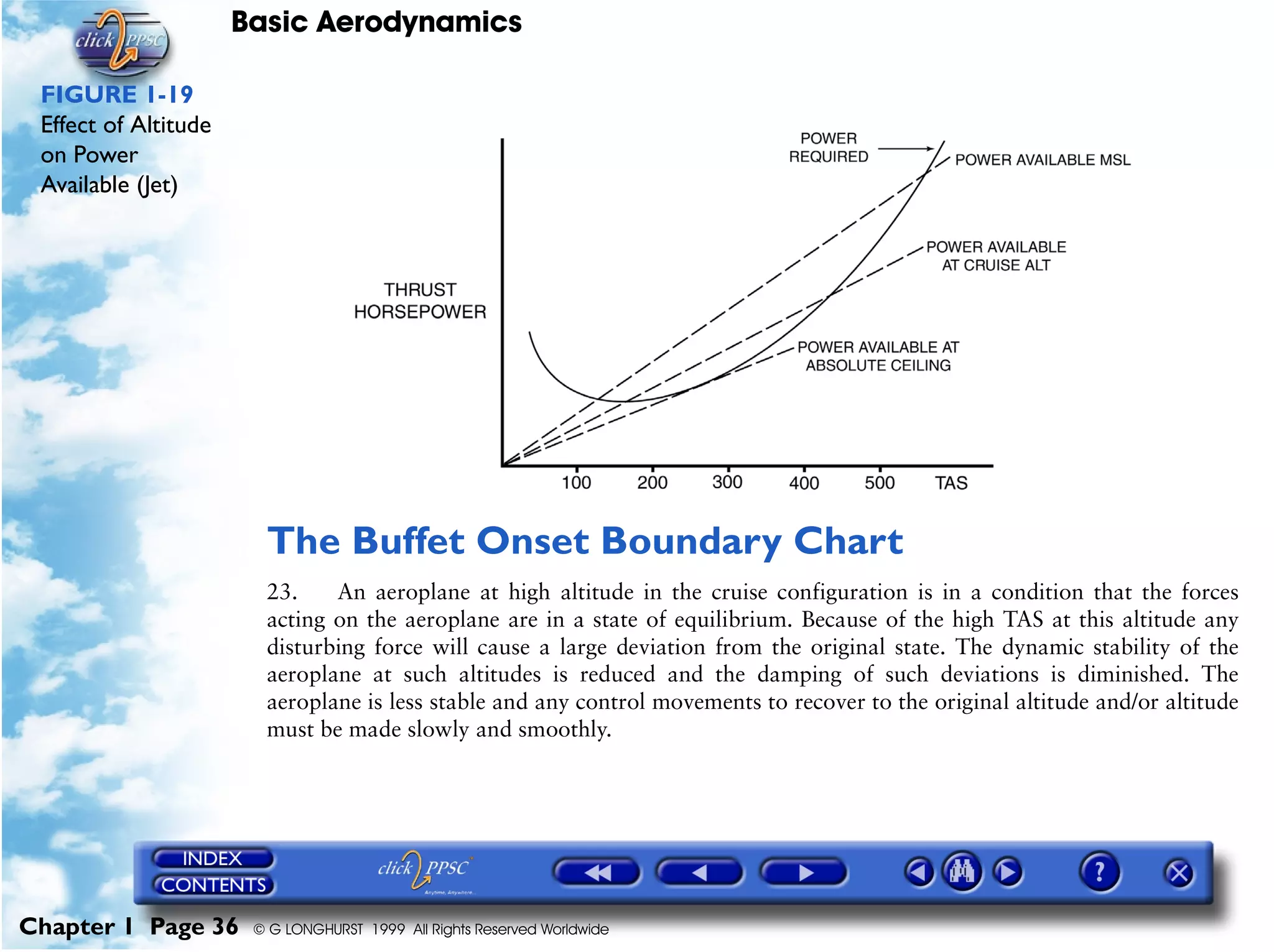 Basic Aerodynamics
Chapter 1 Page 36 © G LONGHURST 1999 All Rights Reserved Worldwide
FIGURE 1-19
Effect of Altitude
on Power
Available (Jet)
The Buffet Onset Boundary Chart
23. An aeroplane at high altitude in the cruise configuration is in a condition that the forces
acting on the aeroplane are in a state of equilibrium. Because of the high TAS at this altitude any
disturbing force will cause a large deviation from the original state. The dynamic stability of the
aeroplane at such altitudes is reduced and the damping of such deviations is diminished. The
aeroplane is less stable and any control movements to recover to the original altitude and/or altitude
must be made slowly and smoothly.
 