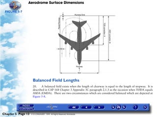 Aerodrome Surface Dimensions
Chapter 5 Page 13 © G LONGHURST 1999 All Rights Reserved Worldwide
FIGURE 5-7
Balanced Field Lengths
20. A balanced field exists when the length of clearway is equal to the length of stopway. It is
described in CAP 168 Chapter 3 Appendix 3C paragraph 2.1.3 as the occasion when TODA equals
ASDA (EMDA). There are two circumstances which are considered balanced which are depicted at
Figure 5-8.
 
