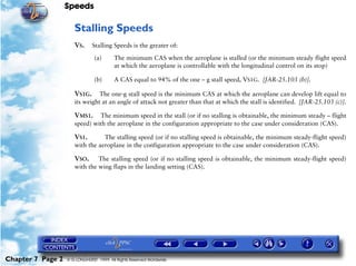 Speeds
Chapter 7 Page 2 © G LONGHURST 1999 All Rights Reserved Worldwide
Stalling Speeds
VS. Stalling Speeds is the greater of:
(a) The minimum CAS when the aeroplane is stalled (or the minimum steady flight speed
at which the aeroplane is controllable with the longitudinal control on its stop)
(b) A CAS equal to 94% of the one – g stall speed, VS1G. [JAR-25.103 (b)].
VS1G. The one-g stall speed is the minimum CAS at which the aeroplane can develop lift equal to
its weight at an angle of attack not greater than that at which the stall is identified. [JAR-25.103 (c)].
VMS1. The minimum speed in the stall (or if no stalling is obtainable, the minimum steady – flight
speed) with the aeroplane in the configuration appropriate to the case under consideration (CAS).
VS1. The stalling speed (or if no stalling speed is obtainable, the minimum steady-flight speed)
with the aeroplane in the configuration appropriate to the case under consideration (CAS).
VSO. The stalling speed (or if no stalling speed is obtainable, the minimum steady-flight speed)
with the wing flaps in the landing setting (CAS).
 