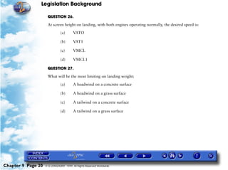Legislation Background
Chapter 9 Page 20 © G LONGHURST 1999 All Rights Reserved Worldwide
QUESTION 26.
At screen height on landing, with both engines operating normally, the desired speed is:
(a) VATO
(b) VAT1
(c) VMCL
(d) VMCL1
QUESTION 27.
What will be the most limiting on landing weight:
(a) A headwind on a concrete surface
(b) A headwind on a grass surface
(c) A tailwind on a concrete surface
(d) A tailwind on a grass surface
 