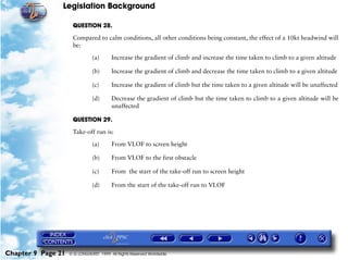 Legislation Background
Chapter 9 Page 21 © G LONGHURST 1999 All Rights Reserved Worldwide
QUESTION 28.
Compared to calm conditions, all other conditions being constant, the effect of a 10kt headwind will
be:
(a) Increase the gradient of climb and increase the time taken to climb to a given altitude
(b) Increase the gradient of climb and decrease the time taken to climb to a given altitude
(c) Increase the gradient of climb but the time taken to a given altitude will be unaffected
(d) Decrease the gradient of climb but the time taken to climb to a given altitude will be
unaffected
QUESTION 29.
Take-off run is:
(a) From VLOF to screen height
(b) From VLOF to the first obstacle
(c) From the start of the take-off run to screen height
(d) From the start of the take-off run to VLOF
 