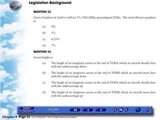 Legislation Background
Chapter 9 Page 23 © G LONGHURST 1999 All Rights Reserved Worldwide
QUESTION 32.
Given: Gradient of climb in still air 5%; TAS 200kt, groundspeed 250kt. The wind effective gradient
is:
(a) 4%
(b) 5%
(c) 6.25%
(d) 7%
QUESTION 33.
Screen height is:
(a) The height of an imaginary screen at the end of TODA which an aircraft should clear
with the undercarriage down
(b) The height of an imaginary screen at the end of TODR which an aircraft must clear
with the undercarriage down
(c) The height of an imaginary screen at the end of TODA which an aircraft should clear
with the undercarriage up
(d) The height of an imaginary screen at the end of TODR which an aircraft must clear
with the undercarriage up
 
