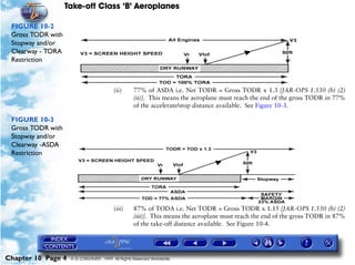 Take-off Class ‘B’ Aeroplanes
Chapter 10 Page 4 © G LONGHURST 1999 All Rights Reserved Worldwide
FIGURE 10-2
Gross TODR with
Stopway and/or
Clearway - TORA
Restriction
(ii) 77% of ASDA i.e. Net TODR = Gross TODR x 1.3 [JAR-OPS 1.530 (b) (2)
(ii)]. This means the aeroplane must reach the end of the gross TODR in 77%
of the accelerate/stop distance available. See Figure 10-3.
FIGURE 10-3
Gross TODR with
Stopway and/or
Clearway -ASDA
Restriction
(iii) 87% of TODA i.e. Net TODR = Gross TODR x 1.15 [JAR-OPS 1.530 (b) (2)
(iii)]. This means the aeroplane must reach the end of the gross TODR in 87%
of the take-off distance available. See Figure 10-4.
 