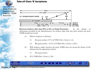 Take-off Class ‘B’ Aeroplanes
Chapter 10 Page 5 © G LONGHURST 1999 All Rights Reserved Worldwide
FIGURE 10-4
Gross TODR with
Stopway and/or
Clearway - TODA
Restriction
Runways Surfaces other than Wet or Dry or Damp Pavements. In the absence of
information provided by the Manufacturers, for surfaces other than dry, hard surfaces the gross
TODR should not exceed:
(a) With no stopway or clearway:
(i) Dry grass surface– 67% of TORA (Net = Gross x 1.5).
(ii) Wet grass surface – 61.5% of TORA (Net = Gross x 1.625).
(b) With stopway and/or clearway the gross TODR must not exceed the shorter of the
distances for the appropriate surface:
(i) Dry grass surface:
(a) 83% TORA(Net = Gross x 1.20).
 