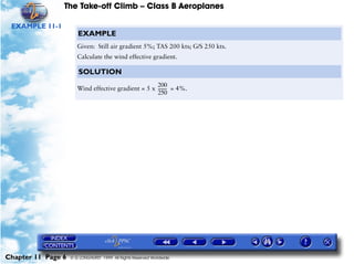 The Take-off Climb – Class B Aeroplanes
Chapter 11 Page 6 © G LONGHURST 1999 All Rights Reserved Worldwide
EXAMPLE 11-1
EXAMPLE
Given: Still air gradient 5%; TAS 200 kts; G/S 250 kts.
Calculate the wind effective gradient.
SOLUTION
Wind effective gradient = 5 x = 4%.
200
250
---------
 