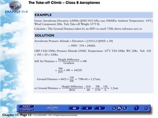 The Take-off Climb – Class B Aeroplanes
Chapter 11 Page 12 © G LONGHURST 1999 All Rights Reserved Worldwide
EXAMPLE 11-4
EXAMPLE
Given: Aerodrome Elevation 3,000ft; QNH 1031 hPa; (use 30ft/hPa) Ambient Temperature -10°C;
Wind Component 20kt. Tail; Take-off Weight 3375 lb.
Calculate : The Ground Distance taken by an SEP1 to reach 750ft above reference zero is:
SOLUTION
Aerodrome Pressure Altitude = Elevation + [(1013.2-QNH) x 30]
= 3000 - 534 = 2466ft.
CRP-5 IAS 100kt. Pressure Altitude 2500ft. Temperature -10°C TAS 100kt. WC 20kt. Tail. G/S
= 100 + 20 = 120kt.
Still Air Distance =
=
= 1.27nm.
or Ground Distance = =
Height Difference
Gradient
---------------------------------------------- 100×
700
10.9
---------- 100× 6422ft
·
=
Ground Distance 6422=
120
100
---------× 7706.4ft=
Height Difference
ROC
----------------------------------------------
G/S
60
---------×
700
1170
------------
120
6
--------- 1.2=× nm
 