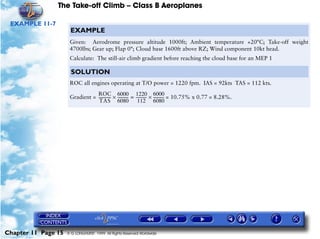 The Take-off Climb – Class B Aeroplanes
Chapter 11 Page 15 © G LONGHURST 1999 All Rights Reserved Worldwide
EXAMPLE 11-7
EXAMPLE
Given: Aerodrome pressure altitude 1000ft; Ambient temperature +20°C; Take-off weight
4700lbs; Gear up; Flap 0°; Cloud base 1600ft above RZ; Wind component 10kt head.
Calculate: The still-air climb gradient before reaching the cloud base for an MEP 1
SOLUTION
ROC all engines operating at T/O power = 1220 fpm. IAS = 92kts TAS = 112 kts.
Gradient = = 10.75% x 0.77 = 8.28%.
ROC
TAS
-------------
6000
6080
------------
1220
112
------------=×
6000
6080
------------×
 