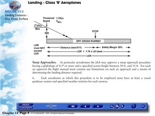 Landing - Class ‘B’ Aeroplanes
Chapter 13 Page 4 © G LONGHURST 1999 All Rights Reserved Worldwide
FIGURE 13-2
Landing Distance -
Dry, Grass Surface
Steep Approaches. At particular aerodromes the JAA may approve a steep approach procedure
having a glideslope of 4.5° or more and a specified screen height between 50 ft. and 35 ft. For such
an approval the flight manual must contain any limitations on such an approach and a means of
determining the landing distance required.
6. Each aerodrome at which this procedure is to be employed must have at least a visual
guidance system and specified weather minima for each runway.
 