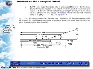 Performance Class ‘A’ Aeroplane Take-Off
Chapter 14 Page 10 © G LONGHURST 1999 All Rights Reserved Worldwide
(c) TODR – One Engine Inoperative (Wet or contaminated Runway). The horizontal
distance from commencement of the take-off roll to the point at which the aircraft
reaches 15 ft above the take-off surface level, assuming the critical power unit fails at
V1 and a reference wet hard surface, achieved in a manner consistent with obtaining
V2 by 35 ft. [AMJ-25X1591 (b)]. See Figure 14-10.
8. Only when an engine failure occurs at the most critical speed will the full distances available
be required. The probability of this event occurring is also ‘remote’ and is held not to necessitate the
gross distances required being factorized.
FIGURE 14-8
JAR TODR - All
Power Units
Operating
 