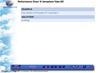 Performance Class ‘A’ Aeroplane Take-Off
Chapter 14 Page 15 © G LONGHURST 1999 All Rights Reserved Worldwide
EXAMPLE 14-2
EXAMPLE
Given: Details as for Example 10-1 except flaps 5°.
SOLUTION
62,100 kgs
 