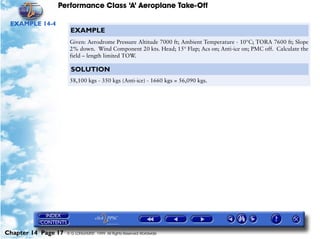 Performance Class ‘A’ Aeroplane Take-Off
Chapter 14 Page 17 © G LONGHURST 1999 All Rights Reserved Worldwide
EXAMPLE 14-4
EXAMPLE
Given: Aerodrome Pressure Altitude 7000 ft; Ambient Temperature - 10°C; TORA 7600 ft; Slope
2% down. Wind Component 20 kts. Head; 15° Flap; Acs on; Anti-ice on; PMC off. Calculate the
field – length limited TOW.
SOLUTION
58,100 kgs - 350 kgs (Anti-ice) - 1660 kgs = 56,090 kgs.
 