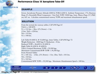 Performance Class ‘A’ Aeroplane Take-Off
Chapter 14 Page 34 © G LONGHURST 1999 All Rights Reserved Worldwide
EXAMPLE14-16
EXAMPLE
Given: Aerodrome Pressure Altitude 6000 ft; TORA 6200 ft. Ambient Temperature -5°C; Runway
Slope 2% Downhill; Wind Component 5 kts.Tail; TOW 55000 kgs; 5mm. Water; Flaps 15°; PMC
on; A/C on. Calculate contaminated runway TOW and maximum abandonment speed.
SOLUTION
From the normal dry runway tables: CAP 698 Page 65
VMCG = 108 KTS
V1 = 131 kts. – 2kts. (2% Down) – 1 kt.
(5 kts. Tail) = 128 kts.
VR = 133 kts.
V2 = 140 kts.
Left Table @ 6000 ft. @ 55,000 kgs. 6mm Tables. CAP 698 Page 72
Weight Reduction - 8400 kgs.V1 Reduction – 8 kts.
Reduced TOW = 46,600 ft. @ 6000 ft.
Right Table @ 6200 ft. @ 6000 ft.
VMCG Limited Maximum TOW = 39,500 kgs.
Maximum Contaminated R/W TOW = 39,500 kgs.
From Normal Tables
V1 = 104 kts. - 2 Kts. (2% Down) – 1 kt. (5kts. Tail) = 101 kts.
VR = 110 kts.
V2 = 122 kts.
Contaminated R/W TOW = 39,500 kgs. Maximum Abandonment Speed = 108 kts.
 