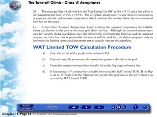 The Take-off Climb - Class ‘A’ Aeroplanes
Chapter 15 Page 16 © G LONGHURST 1999 All Rights Reserved Worldwide
20. The main grid has a kink which is the ‘Flat-Rating Cut-Off’ at ISA +15°C and a line which is
the ‘environmental limit’ at ISA + 39.5°C. The aeroplane should never be operated at combinations
of pressure altitude and ambient temperature which position the density below the environmental
limit line on the graph.
21. A line titled ‘Assumed Temperature Limit’ confines the assumed temperature for variable
thrust calculations to the area in the main grid above the line. Although the assumed temperature
used for variable thrust calculations may fall between the environmental limit line and the assumed
temperature limit line this is permissible because it will be used for calculation purposes only to
determine the limiting operational parameter not to actually operate the aeroplane.
WAT Limited TOW Calculation Procedure
(a) Enter the carpet of the graph at the ambient OAT.
(b) Proceed vertically to intersect the aerodrome pressure altitude in the grid.
(c) From this intersection move horizontally left to the flap angle reference line.
(d) If flap setting is 5° continue horizontally left to read the WAT limited TOW. If the flap
is set to 15° then from the reference line parallel the grid lines to the left vertical axis
to read the WAT limited TOW.
 