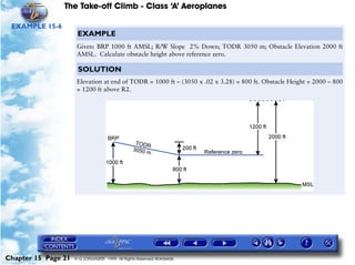The Take-off Climb - Class ‘A’ Aeroplanes
Chapter 15 Page 21 © G LONGHURST 1999 All Rights Reserved Worldwide
EXAMPLE 15-6
EXAMPLE
Given: BRP 1000 ft AMSL; R/W Slope 2% Down; TODR 3050 m; Obstacle Elevation 2000 ft
AMSL. Calculate obstacle height above reference zero.
SOLUTION
Elevation at end of TODR = 1000 ft – (3050 x .02 x 3.28) = 800 ft. Obstacle Height = 2000 – 800
= 1200 ft above R2.
 