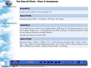 The Take-off Climb - Class ‘A’ Aeroplanes
Chapter 15 Page 27 © G LONGHURST 1999 All Rights Reserved Worldwide
EXAMPLE15-11
EXAMPLE15-12
EXAMPLE
Details as for Example 11-10 except flaps 15°.
SOLUTION
Obstacle Limited TOW = 47,700 kgs – 4970 kgs = 42,730 kgs.
EXAMPLE
Given: BRP Elevation 1000 ft amsl; TODR 5000 ft; R/W Slope 2% Up; Wind Component 5 kts
tail; Ambient Temperature + 15°C; QNH 983 mbs; PMC On; Flaps 5°; Obstacle Elevation 17000
ft amsl; Obstacle Distance from BRP 28000 ft.
Calculate the Obstacle Limited TOW.
SOLUTION
Elevation of RZ = 1000 ft + (5000 x 2 %) = 1100 ft Pressure altitude of RZ = 1100 + [(1013 –
983) x 30] = 2000 ft. Obstacle Height Above RZ = 1700 – 1100 = 600 ft. Obstacle Distance From
BRP = 28000ft. From Graph – Obstacle Limited TOW = 52,100 kgs.
 