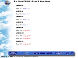 The Take-off Climb - Class ‘A’ Aeroplanes
Chapter 15 Page 33 © G LONGHURST 1999 All Rights Reserved Worldwide
ANSWER 5.
Page 15-3 Figure 15-3
ANSWER 6.
Page 15-5 Figure 15-5
ANSWER 7.
Page 15-5 Figure 15-5
ANSWER 8.
Page 15-5 Figure 15-6
ANSWER 9.
Page 15-6 Paragraph 5
ANSWER 10.
Page 15-9 Paragraph 15
Page 15-9 Paragraph 17
ANSWER 11.
Page 15-8 Paragraph 12
 
