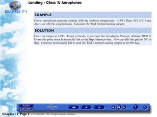 Landing - Class ‘A’ Aeroplanes
Chapter 17 Page 3 © G LONGHURST 1999 All Rights Reserved Worldwide
EXAMPLE 17-1
EXAMPLE
Given: Aerodrome pressure altitude 2000 ft; Ambient temperature +33°C; Flaps 30°; A/C Auto;
Anti – ice off; No icing forecast. Calculate the WAT limited landing weight.
SOLUTION
Enter the carpet at 33°C. Travel vertically to intersect the Aerodrome Pressure Altitude 2000 ft.
From this point move horizontally left to the flap reference–line. Now parallel the grid to 30° of
flap. Continue horizontally left to read the WAT Limited Landing weight as 60,400 kgs.
 