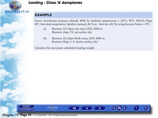 Landing - Class ‘A’ Aeroplanes
Chapter 17 Page 29 © G LONGHURST 1999 All Rights Reserved Worldwide
EXAMPLE17-14
EXAMPLE
Given: Aerodrome pressure altitude 4000 ft; Ambient temperature + 20°C; W/V 340/10; Flaps
40°; Anti-skid inoperative; Spoilers manual; ACS on. Anti-Ice off; No icing forecast below + 8°C.
(a) Runway 10; Open one way; LDA 3000 m
Runway slope 2% up surface dry
(b) Runway 20; Open Both ways; LDA 2800 m
Runway Slope 1 % down; surface dry’
Calculate the maximum scheduled landing weight.
 