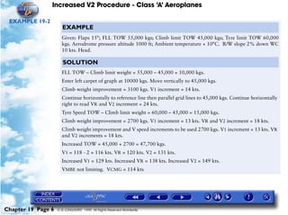Increased V2 Procedure - Class ‘A’ Aeroplanes
Chapter 19 Page 6 © G LONGHURST 1999 All Rights Reserved Worldwide
EXAMPLE 19-2
EXAMPLE
Given: Flaps 15°; FLL TOW 55,000 kgs; Climb limit TOW 45,000 kgs; Tyre limit TOW 60,000
kgs. Aerodrome pressure altitude 1000 ft; Ambient temperature + 10°C. R/W slope 2% down WC
10 kts. Head.
SOLUTION
FLL TOW – Climb limit weight = 55,000 – 45,000 = 10,000 kgs.
Enter left carpet of graph at 10000 kgs. Move vertically to 45,000 kgs.
Climb weight improvement = 3100 kgs. V1 increment = 14 kts.
Continue horizontally to reference line then parallel grid lines to 45,000 kgs. Continue horizontally
right to read VR and V2 increment = 24 kts.
Tyre Speed TOW – Climb limit weight = 60,000 – 45,000 = 15,000 kgs.
Climb weight improvement = 2700 kgs. V1 increment = 13 kts. VR and V2 increment = 18 kts.
Climb weight improvement and V speed increments to be used 2700 kgs. V1 increment = 13 kts. VR
and V2 increments = 18 kts.
Increased TOW = 45,000 + 2700 = 47,700 kgs.
V1 = 118 - 2 = 116 kts. VR = 120 kts. V2 = 131 kts.
Increased V1 = 129 kts. Increased VR = 138 kts. Increased V2 = 149 kts.
VMBE not limiting. VCMG = 114 kts
 