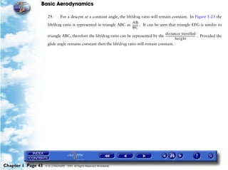 Basic Aerodynamics
Chapter 1 Page 43 © G LONGHURST 1999 All Rights Reserved Worldwide
29. For a descent at a constant angle, the lift/drag ratio will remain constant. In Figure 1-23 the
lift/drag ratio is represented in triangle ABC as . It can be seen that triangle EFG is similar to
triangle ABC, therefore the lift/drag ratio can be represented by the . Provided the
glide angle remains constant then the lift/drag ratio will remain constant.
AB
BC
--------
dis ce travelledtan
height
--------------------------------------------
 