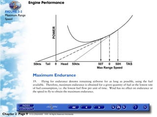 Engine Performance
Chapter 2 Page 9 © G LONGHURST 1999 All Rights Reserved Worldwide
FIGURE 2-2
Maximum Range
Speed
Maximum Endurance
19. Flying for endurance denotes remaining airborne for as long as possible, using the fuel
available. Therefore, maximum endurance is obtained for a given quantity of fuel at the lowest rate
of fuel consumption, i.e. the lowest fuel flow per unit of time. Wind has no effect on endurance or
the speed to fly to obtain the maximum endurance.
 