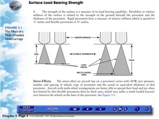 Surface Load Bearing Strength
Chapter 3 Page 2 © G LONGHURST 1999 All Rights Reserved Worldwide
4. The strength of the surface is a measure of its load bearing capability. Flexibility or relative
stiffness of the surface is related to the strength of the ground beneath the pavement and the
thickness of the pavement. Rigid pavements have a measure of relative stiffness which is quoted in
‘1’ inches and flexible pavements in ‘h’ inches.
FIGURE 3-1
The Effect of a
Multi Wheeled
Undercarriage
Stress Effects. The stress effect an aircraft has on a pavement varies with AUW, tyre pressure,
number and spacing of wheels, type of pavement and the actual or equivalent thickness of that
pavement. Aircraft with multi-wheel arrangements are better able to spread their load and are often
less limited by thin flexible pavements than by thick ones, which may suffer a multi-loaded fracture
area between the wheels at the base of the pavement. See Figure 3-1.
 