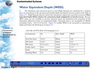 Contaminated Surfaces
Chapter 4 Page 8 © G LONGHURST 1999 All Rights Reserved Worldwide
Water Equivalent Depth (WED)
8. The limitations and corrections given in most Flight Manuals are calculated for a uniform
layer of contaminant at the maximum permissible depth and Specific Gravity quoted in the Table at
Figure 4-1. Flight Manuals that do contain this information express the correction in terms of Water
Equivalent Depth (WED); which is the contaminant depth multiplied by its Specific Gravity. Because
WED values are not available to aircrew, operators quote the limitations and corrections in the
Operations Manual in terms of contaminant depth. Estimated data is not acceptable for WED’s
exceeding 15mm. ACJ 25.113(a)(3)2. Figure 4-2 enables WED to be converted to contaminant
depth and utilises the details given in Figure 4-1.
FIGURE 4-1
Contaminant
Limitations
Reccomended by
the CAA
CAA AIC 61/1999 (Pink 195) Paragraph 2.1.1.
Contaminant SG Max. Depth WED
Very Dry Snow <0.35 80mm <28
Dry Snow <0.35 60mm <21
Wet Snow 0.35 to 0.5 15mm 5.25 to 7.5
Comp. Snow 0.5< 15mm >7.5
Slush 0.5 to 0.8 15mm 7.5 to 12
Standing Water 1.0 15mm 15
 