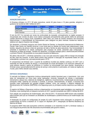 Resultados do 4º Trimestre e
                                 2011 em IFRS


AVIAÇÃO EXECUTIVA
A Empresa entregou no 4T11 50 jatos executivos, sendo 40 jatos leves e 10 jatos grandes, atingindo o
guidance de receita de US$ 1 bilhão em 2011.
        Entregas                       3T11        4T10         4T11        2010        2011
        Aviação Executiva                     18          61           50      144             99
        Jatos leves                           17          48           40      126             83
        Jatos Grandes                          1          13           10        18            16

O ano de 2011 foi marcado por sinais da continuidade da recessão, principalmente na região europeia. A
recuperação das vendas de jatos novos esteve ameaçada principalmente pela grande oferta de aeronaves
usadas seminovas a preços muito competitivos. Além disso, por conta do cenário recessivo nas economias
desenvolvidas, a disponibilidade de financiamento para categoria de jatos menores mantem-se restrita e
seletiva com alguns impactos nas entregas.
Em dezembro, a Embraer inaugurou seu Centro Global de Clientes, no Aeroporto Internacional de Melbourne,
Florida. Este Centro de Clientes torna-se o novo local para os clientes do mundo todo selecionarem cores,
tecidos, esquema de pintura e lista de opcionais de toda a família de jatos executivos. Sua funcionalidade é
orientada à experiência do cliente começando pelo processo de venda, passando pela configuração e
finalizando na etapa de entrega. Também em dezembro, a Embraer entregou para o cliente Executive Airshare
o primeiro Phenom 100 produzido na nova planta industrial de Melbourne.
No último mês de 2011, a Embraer apresentou o seu novo jato executivo Legacy 500 no hangar de produção
de São José dos Campos. A partir desse evento será possível a execução de importantes testes em solo,
antecedendo o primeiro voo, que está previsto para o 3T12.
O compromisso da Embraer com o suporte de excelência mundial aos clientes continuou em 2011 com a
expansão da rede de centros de serviço, a incorporação de novas tecnologias e as contínuas melhorias em
suas práticas visando o ganho de eficiência e o avanço na comunicação com seus clientes. Atualmente a
Embraer possui aproximadamente 60 centros de serviço, entre próprios e autorizados, em todas as regiões do
mundo, para melhor atender seus clientes.


DEFESA E SEGURANÇA
O mercado de Defesa e Segurança continua apresentando cenário favorável para o crescimento, com uma
série de campanhas em curso para várias aplicações, incluindo transporte de oficiais e autoridades,
treinamento e ataque leve, sistemas de inteligência, vigilância e reconhecimento, modernização de aeronaves,
transporte militar, sistemas de comando e controle, e serviços. Adicionalmente, no Brasil, a Empresa tem
buscado maior participação em grandes projetos militares, como, por exemplo o Sistema Integrado de
Monitoramento de Fronteiras (SISFRON) e de Segurança para os principais eventos esportivos que estão por
vir.
O negócio de Defesa e Segurança continua a desempenhar um importante papel estratégico nos negócios da
Empresa, e seu backlog teve um pequeno aumento em 2011 quando comparado aos US$ 3,3 bilhões de 2010.
Com relação aos programas de modernização, até o final de 2011, 10 aeronaves AMX haviam sido recebidas
pela Embraer para que se iniciassem as atividades de revitalização e posteriormente as de modernização das
aeronaves.
A finalização do projeto de configuração de projeto foi outro importante marco alcançado no programa de
modernização de forma a atualizar os 12 caças A-4 Skyhawk (AF-1, designação da Marinha Brasileira) da
Marinha do Brasil.
O programa AEW Índia está avançando conforme contratado e em dezembro de 2011 a Embraer realizou o
voo inaugural da primeira das três aeronaves encomendadas pelo governo indiano.
 