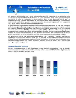 Resultados do 4º Trimestre e
                                2011 em IFRS


Em dezembro a Força Aérea dos Estados Unidos (USAF) anunciou a aquisição de 20 aeronaves Super
Tucano para o programa LAS (Light Air Support), ou Apoio Aéreo Leve, assim como apoio terrestre para
treinamento de pilotos e manutenção, em parceria com a Sierra Nevada Corporation (SNC), que é o
contratante principal. Entretanto, em fevereiro de 2012 a Força Aérea americana anunciou o cancelamento
deste contrato e a Embraer aguardará mais esclarecimentos sobre o assunto para, junto com sua parceira
SNC, decidir quais os próximos passos relativos a esse projeto.
O desenvolvimento do programa da aeronave militar de transporte e abastecimento, KC-390, está avançando
conforme cronograma. Dando prosseguimento ao processo de seleção dos fornecedores, a empresa brasileira
AEL Sistemas foi selecionada para fornecer mais três novos componentes, autoproteção (SPS), contramedidas
direcionais infravermelhos (DIRCM), e orientação do piloto (HUD). A Embraer Defesa e Segurança e as
empresas OGMA – Indústria Aeronáutica de Portugal e EEA – Empresa de Engenharia Aeronáutica assinaram
contratos de parceria para o Programa KC-390. Por meio deste acordo, Portugal desenvolverá na EEA o
projeto de engenharia de componentes desta aeronave, que serão posteriormente fabricados na OGMA.
Em Novembro, a Embraer e a Telecomunicações Brasileiras S.A. – TELEBRÁS ("Telebrás") assinaram um
memorando de entendimento visando à constituição de sociedade, na qual a Embraer terá participação de
51% e a Telebrás de 49%, para atuar no atendimento das necessidades do Governo Federal relativas ao plano
de desenvolvimento satelital para o Brasil, incluindo o Programa Nacional de Banda Larga e comunicações
estratégicas de defesa e governo.


PEDIDOS FIRMES EM CARTEIRA
No 4T11 a Embraer entregou 32 jatos comerciais e 50 jatos executivos. Considerando o total de entregas,
assim como os novos pedidos firmes em 2011, o backlog fechou o ano em US$ 15,4 bilhões. O gráfico abaixo
mostra o histórico da carteira de ordens firmes:




                                          20,9
                              18,8
                  14,8                                16,6       15,6        15,4




                  2006        2007        2008        2009       2010        2011
 