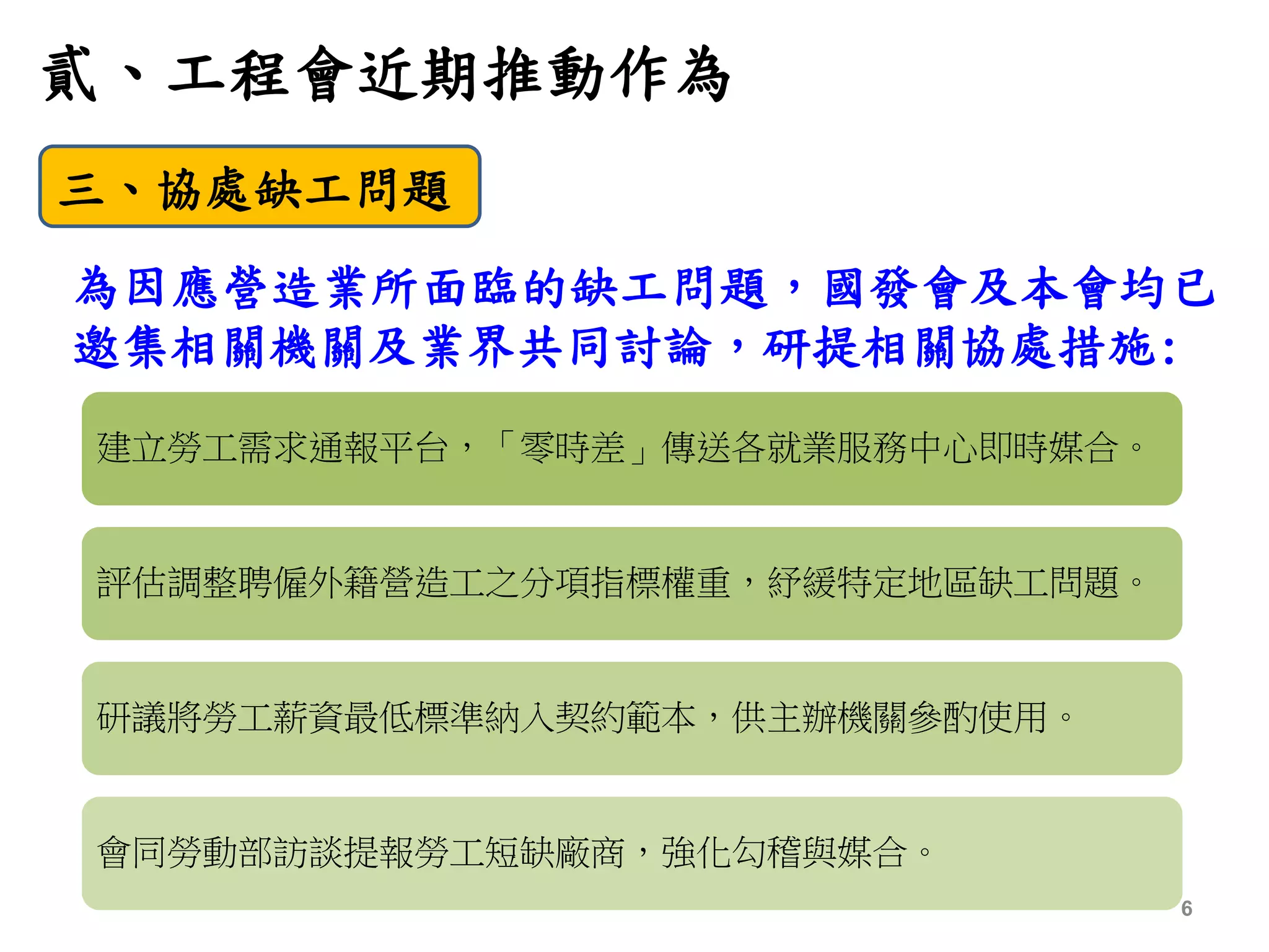 貳、工程會近期推動作為
6
三、協處缺工問題
為因應營造業所面臨的缺工問題，國發會及本會均已
邀集相關機關及業界共同討論，研提相關協處措施:
建立勞工需求通報平台，「零時差」傳送各就業服務中心即時媒合。
評估調整聘僱外籍營造工之分項指標權重，紓緩特定地區缺工問題。
研議將勞工薪資最低標準納入契約範本，供主辦機關參酌使用。
會同勞動部訪談提報勞工短缺廠商，強化勾稽與媒合。
 