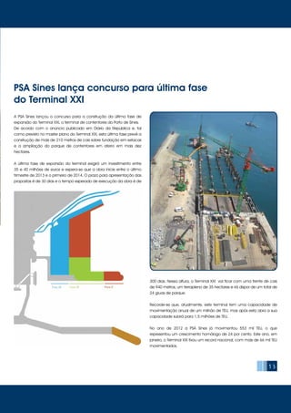 13
A PSA Sines lançou o concurso para a construção da última fase de
expansão do Terminal XXI, o terminal de contentores do Porto de Sines.
De acordo com o anúncio publicado em Diário da República e, tal
como previsto no master plano do Terminal XXI, esta última fase prevê a
construção de mais de 210 metros de cais sobre fundação em estacas
e a ampliação do parque de contentores em aterro em mais dez
hectares.
A última fase de expansão do terminal exigirá um investimento entre
35 e 40 milhões de euros e espera-se que a obra inicie entre o último
trimestre de 2013 e o primeiro de 2014. O prazo para apresentação das
propostas é de 30 dias e o tempo esperado de execução da obra é de
300 dias. Nessa altura, o Terminal XXI vai ficar com uma frente de cais
de 940 metros, um terrapleno de 35 hectares e irá dispor de um total de
24 gruas de parque.
Recorde-se que, atualmente, este terminal tem uma capacidade de
movimentação anual de um milhão de TEU, mas após esta obra a sua
capacidade subirá para 1,5 milhões de TEU.
No ano de 2012 a PSA Sines já movimentou 553 mil TEU, o que
representou um crescimento homólogo de 24 por cento. Este ano, em
janeiro, o Terminal XXI fixou um record nacional, com mais de 66 mil TEU
movimentados.
PSA Sines lança concurso para última fase
do Terminal XXI
 