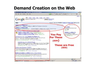 Demand Creation on the Web




                You Pay
               For These
                 (SEM)

                  These are Free
                         (SEO)
 