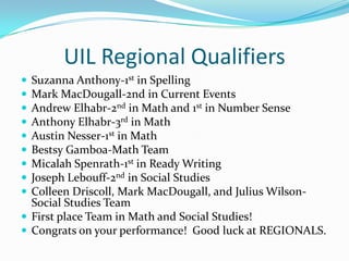 UIL Regional Qualifiers
 Suzanna Anthony-1st in Spelling
 Mark MacDougall-2nd in Current Events
 Andrew Elhabr-2nd in Math and 1st in Number Sense
 Anthony Elhabr-3rd in Math
 Austin Nesser-1st in Math
 Bestsy Gamboa-Math Team
 Micalah Spenrath-1st in Ready Writing
 Joseph Lebouff-2nd in Social Studies
 Colleen Driscoll, Mark MacDougall, and Julius Wilson-
  Social Studies Team
 First place Team in Math and Social Studies!
 Congrats on your performance! Good luck at REGIONALS.
 