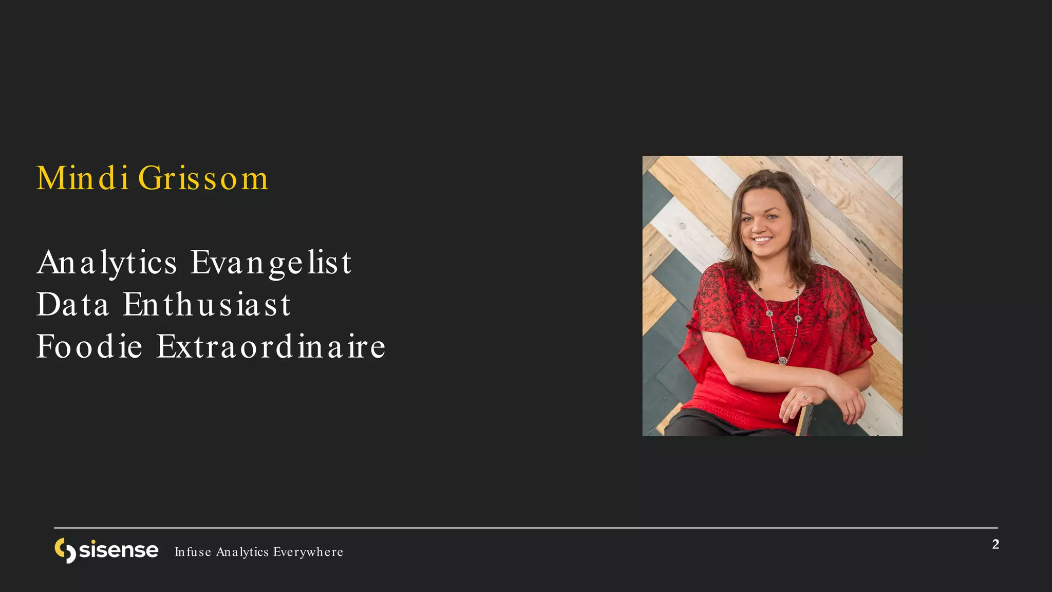 2
Infuse Analytics Everywhere
2
Mindi Grissom
Analytics Evangelist
Data Enthusiast
Foodie Extraordinaire
 