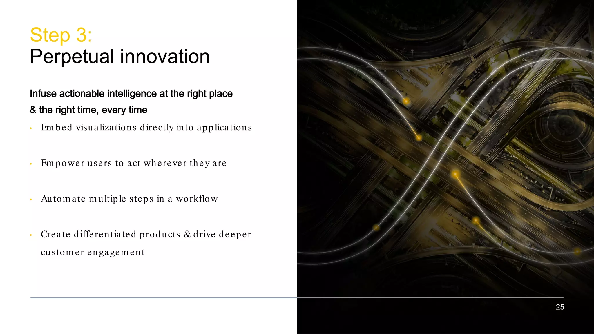25
Infuse actionable intelligence at the right place
& the right time, every time
• Em bed visualizations directly into applications
• Em power users to act wherever they are
• Autom ate m ultiple steps in a workflow
• Create differentiated products & drive deeper
custom er engagem ent
Step 3:
Perpetual innovation
25
 