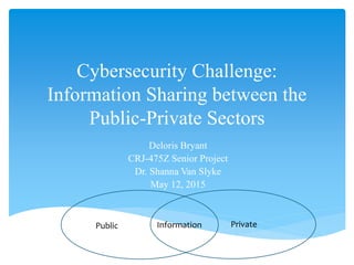Cybersecurity Challenge:
Information Sharing between the
Public-Private Sectors
Deloris Bryant
CRJ-475Z Senior Project
Dr. Shanna Van Slyke
May 12, 2015
Public PrivateInformation
 