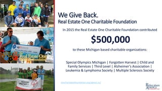 We Give Back.
Real Estate One Charitable Foundation
In 2015 the Real Estate One Charitable Foundation contributed
$500,000
to these Michigan based charitable organizations:
Special Olympics Michigan | Forgotten Harvest | Child and
Family Services | Third Level | Alzheimer’s Association |
Leukemia & Lymphoma Society | Multiple Sclerosis Society
reocharitablefoundation.org/about-us/
 