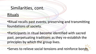 Similarities, cont. Rituals   Ritual recalls past events, preserving and transmitting foundations of society.  Participants in ritual become identified with sacred past, perpetuating traditions as they re-establish the principles by which the group lives. Serves to relieve social tensions and reinforce bonds. 