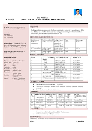 BIO-PROFILE 
K A CINTO (APPLICATION FOR THE POST OF TRAINEE MARINE ENGINEER) 
E-MAIL : antocinto@gmail.com 
MOBILE: 
+91 9177710265 
+91 9391033984 
PERMANENT ADDRESS: H-No:18- 
461/1/2, Mallikarjuna Nagar, Malkajgiri, 
Hyderabad, Pin:500047, Telangana, India 
ADRESS FOR CORRESPONDENCE: 
SAME AS ABOVE 
PERSONAL DATA: 
Full Name : Kaitharath Anto Cinto 
Date of Birth : 11.12.1992 
Age : 21 
Sex : Male 
Nationality : Indian 
Marital Status : Single 
Languages : English, Hindi, 
Malayalam, 
Telugu, Tamil 
Hobbies : Reading, Fitness 
workout. 
Games : Tennis, Table Tennis, 
Cricket & Swimming. 
OBJECTIVE 
Seeking a challenging career in the Shipping industry, where in I can utilize my skills 
and abilities as a Fresher that would lead to my professional growth and contribute 
towards the growth of the organization I work for. 
EDUCATIONAL QUALIFICATION 
Qualification University/Board College Name Year Percentage 
BE Marine 
Andhra University Praveenya 
Engineering 
Institute Of 
Marine Engg. & 
Maritime Studies 
2014 85.1% 
12th/Intermediate Andhra Pradesh 
State Board 
Loyola Academy 
Junior College 
2010 82.9% 
10th/SSC Andhra Pradesh 
State Board 
ST Mary’s High 
School 
2008 72.8% 
Modular Courses done: 
S.NO. COURSE 
NAME 
DOCUMENTS NO. ISSUE DATE 
1 EFA SMC/EFA/7551 04/01/2014 
2 FPFF SMC/FPFF/1599 28/12/2013 
3 PST SMC/PST/7984 22/01/2014 
4 PSSR SMC/PSSR/8776 11/01/2014 
5 OTFC SMC/OTF/5122 17/01/2014 
6 STSDSD SMC/STSDSD/1054 07/01/2014 
7 FPFF 
(REFRESHER) 
SMC/FPFF 
REFRESHER/361 
08/01/2014 
8 PST 
(REFRESHER) 
SMC/PST 
REFRESHER/355 
25/01/2014 
9 OTF(Endorsement) IMEI/HO/OT/2847 29/10/2014 
PERSONAL SKILLS 
 Effective Communication Skill in 4 languages. 
 I have my self-confidence , problem solving ability and willingness to learn to enrich my 
knowledge 
 I have clean habits and I am a strict teetotaler. 
Documents 
S. 
NO. 
DOCUMENTS DOCUMENTS 
NO. 
ISSUE 
DATE 
EXPIRY 
DATE 
ISSUING 
STATE/COUNTRY 
I INDOS(IND) 10EL2706 23/02/2011 NA India 
II PASSPORT L2212290 29/05/2013 28/05/2023 Hyderabad/India 
III CDC(IND) MUM239917 25/07/201 
4 
24/07/2024 Mumbai/India 
IV YELLOW 
FEVER 
J5256 31/08/20 
14 
30/08/2024 Visakhapatnam/India 
Industrial Exposure 
• Frequent visit to the Hindustan Shipyard Ltd. Visakhapatnam. 
• Familiarization training on Ship in campus. 
DECLARATION 
All the above information are true to the best of my knowledge. 
Date: K A CINTO 
