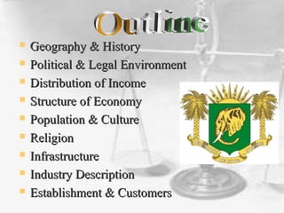  Geography & HistoryGeography & History
 Political & Legal EnvironmentPolitical & Legal Environment
 Distribution of IncomeDistribution of Income
 Structure of EconomyStructure of Economy
 Population & CulturePopulation & Culture
 ReligionReligion
 InfrastructureInfrastructure
 Industry DescriptionIndustry Description
 Establishment & CustomersEstablishment & Customers
 