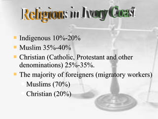  Indigenous 10%-20%Indigenous 10%-20%
 Muslim 35%-40%Muslim 35%-40%
 Christian (Catholic, Protestant and otherChristian (Catholic, Protestant and other
denominations) 25%-35%.denominations) 25%-35%.
 The majority of foreigners (migratory workers)The majority of foreigners (migratory workers)
 Muslims (70%)Muslims (70%)
 Christian (20%)Christian (20%)
 