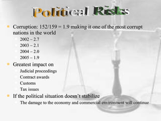  Corruption: 152/159 = 1.9 making it one of the most corruptCorruption: 152/159 = 1.9 making it one of the most corrupt
nations in the worldnations in the world
 2002 – 2.72002 – 2.7
 2003 – 2.12003 – 2.1
 2004 – 2.02004 – 2.0
 2005 – 1.92005 – 1.9
 Greatest impact onGreatest impact on
 Judicial proceedingsJudicial proceedings
 Contract awardsContract awards
 CustomsCustoms
 Tax issuesTax issues
 If the political situation doesn’t stabilizeIf the political situation doesn’t stabilize
 The damage to the economy and commercial environment will continueThe damage to the economy and commercial environment will continue
 