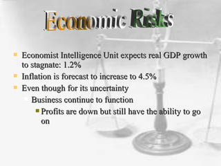  Economist Intelligence Unit expects real GDP growthEconomist Intelligence Unit expects real GDP growth
to stagnate: 1.2%to stagnate: 1.2%
 Inflation is forecast to increase to 4.5%Inflation is forecast to increase to 4.5%
 Even though for its uncertaintyEven though for its uncertainty
 Business continue to functionBusiness continue to function
 Profits are down but still have the ability to goProfits are down but still have the ability to go
onon
 