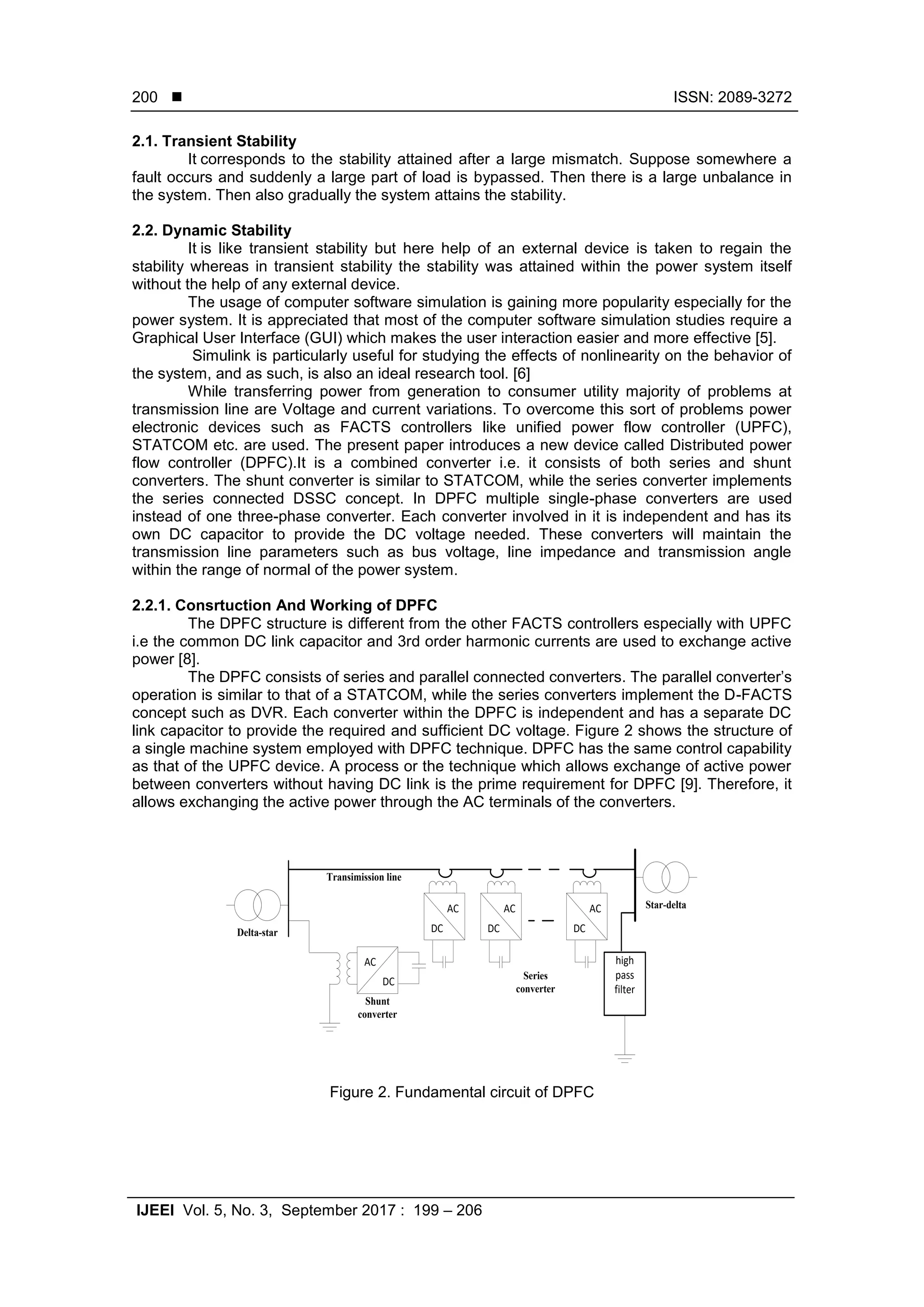  ISSN: 2089-3272
IJEEI Vol. 5, No. 3, September 2017 : 199 – 206
200
2.1. Transient Stability
It corresponds to the stability attained after a large mismatch. Suppose somewhere a
fault occurs and suddenly a large part of load is bypassed. Then there is a large unbalance in
the system. Then also gradually the system attains the stability.
2.2. Dynamic Stability
It is like transient stability but here help of an external device is taken to regain the
stability whereas in transient stability the stability was attained within the power system itself
without the help of any external device.
The usage of computer software simulation is gaining more popularity especially for the
power system. It is appreciated that most of the computer software simulation studies require a
Graphical User Interface (GUI) which makes the user interaction easier and more effective [5].
Simulink is particularly useful for studying the effects of nonlinearity on the behavior of
the system, and as such, is also an ideal research tool. [6]
While transferring power from generation to consumer utility majority of problems at
transmission line are Voltage and current variations. To overcome this sort of problems power
electronic devices such as FACTS controllers like unified power flow controller (UPFC),
STATCOM etc. are used. The present paper introduces a new device called Distributed power
flow controller (DPFC).It is a combined converter i.e. it consists of both series and shunt
converters. The shunt converter is similar to STATCOM, while the series converter implements
the series connected DSSC concept. In DPFC multiple single-phase converters are used
instead of one three-phase converter. Each converter involved in it is independent and has its
own DC capacitor to provide the DC voltage needed. These converters will maintain the
transmission line parameters such as bus voltage, line impedance and transmission angle
within the range of normal of the power system.
2.2.1. Consrtuction And Working of DPFC
The DPFC structure is different from the other FACTS controllers especially with UPFC
i.e the common DC link capacitor and 3rd order harmonic currents are used to exchange active
power [8].
The DPFC consists of series and parallel connected converters. The parallel converter’s
operation is similar to that of a STATCOM, while the series converters implement the D-FACTS
concept such as DVR. Each converter within the DPFC is independent and has a separate DC
link capacitor to provide the required and sufficient DC voltage. Figure 2 shows the structure of
a single machine system employed with DPFC technique. DPFC has the same control capability
as that of the UPFC device. A process or the technique which allows exchange of active power
between converters without having DC link is the prime requirement for DPFC [9]. Therefore, it
allows exchanging the active power through the AC terminals of the converters.
Shunt
converter
Delta-star
AC
DC
AC
DC
AC
DC
AC
DC
Star-delta
Transimission line
high
pass
filter
Series
converter
Figure 2. Fundamental circuit of DPFC
 